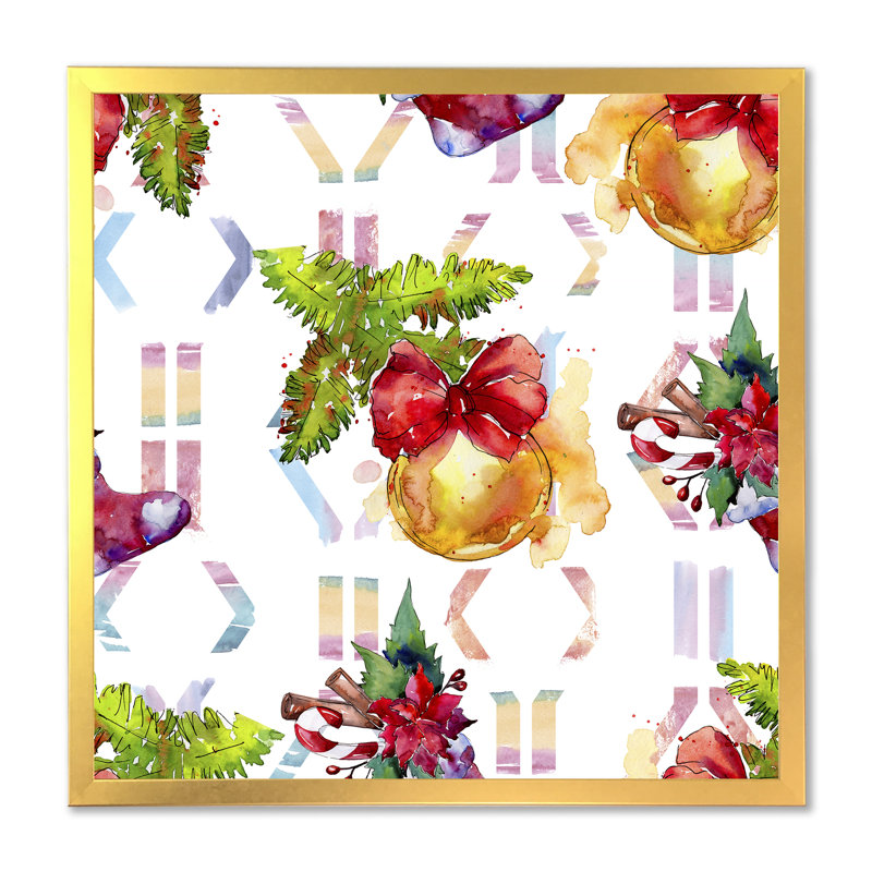 «Christmas Winter Holiday Symbols», impression sur toile, Encadrement doré, H 30 po x l 30 po x P 1 po