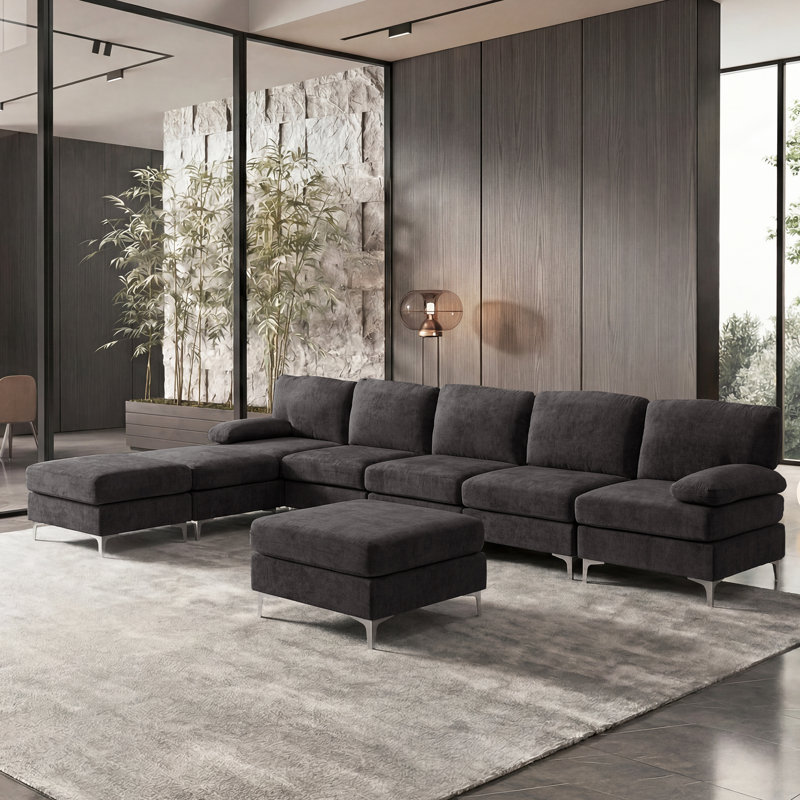 Oversized Upholstered 8 Seater Modular Sectional Sofa 3 Ottoman, Dark Gray Chenille