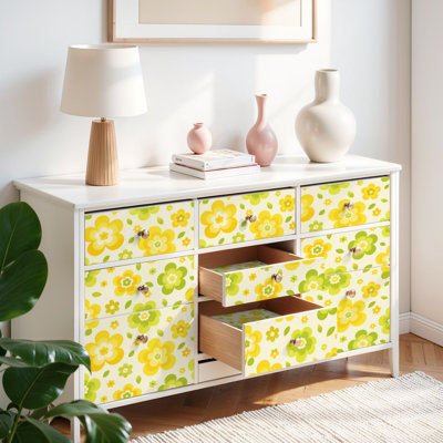 Papier de contact à peler et coller avec feuilles de fleurs à motif floral jaune et vert
