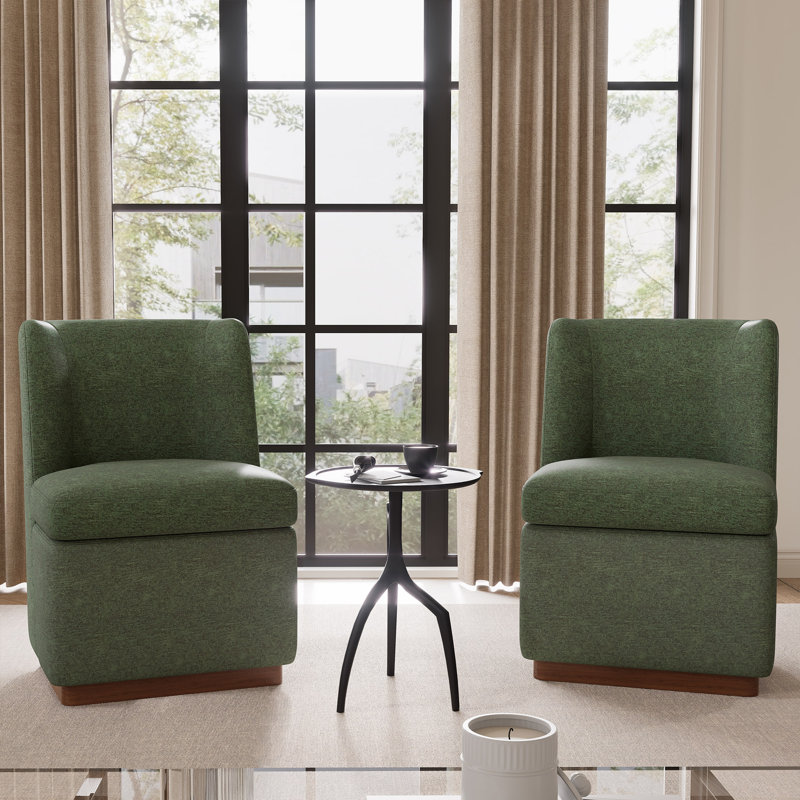 Upholstered Boucle Accent Chair Full Back Barrel Chair Armless Living Room Chairs With Solid Wood Base, Green Fabric