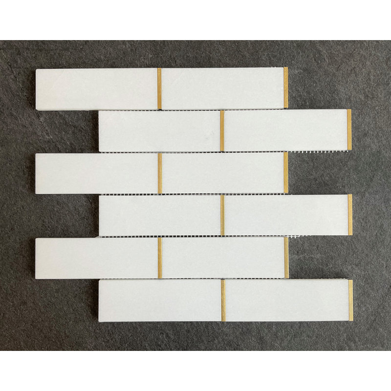 2" x 6" Thassos White Marble and Gold Metal Brick Pattern Mosaic Wall & Floor Tile