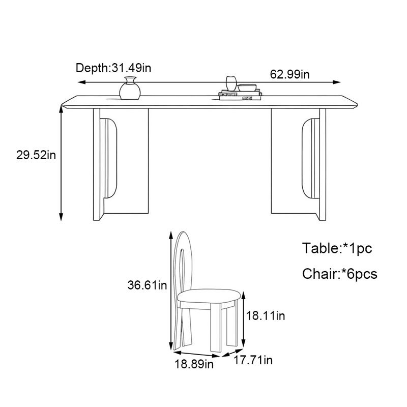 Dual Material Rock Board Top Dining Table Set, 29.52"H x 62.99"L x 31.49"W