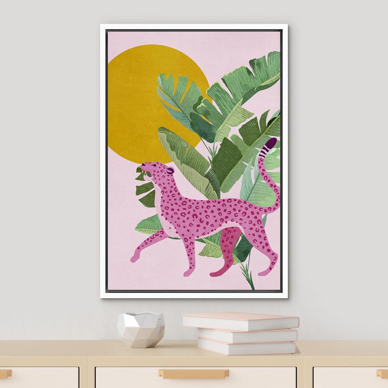 Animaux de style BCBG vif, feuille de palmier, guépard rose, animaux de chambre tropicaux, style bohème moderne, Blanc