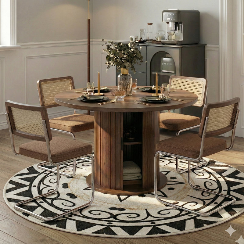 5-piece Round Pedestal Dining Set With Cane Back Cantilever Chairs, Brown