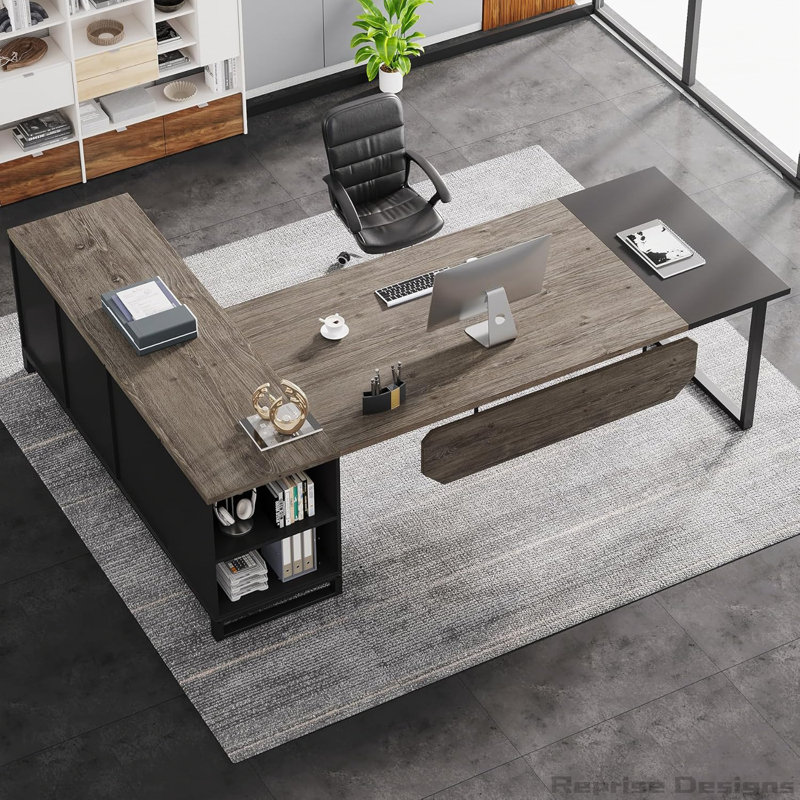 Bureau de direction en L 70,8 po avec classeur de 55 po, Gris / Noir