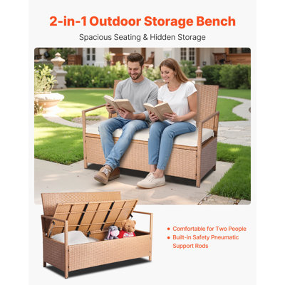 Banc de rangement extérieur, banc de rangement en rotin PE pour 2 personnes, coffre de terrasse de 70 gallons avec coussin, peut supporter jusqu'à 265 lb, siège d'extérieur résistant aux intempéries et décoration de porche pour la terrasse du jardin