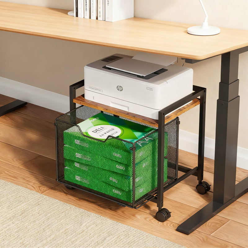 Support d'imprimante à 2 niveaux avec tiroir coulissant, classeur à roulettes sous le bureau, tablette de rangement industrielle et organisateur de table d'appoint pour la maison et le bureau