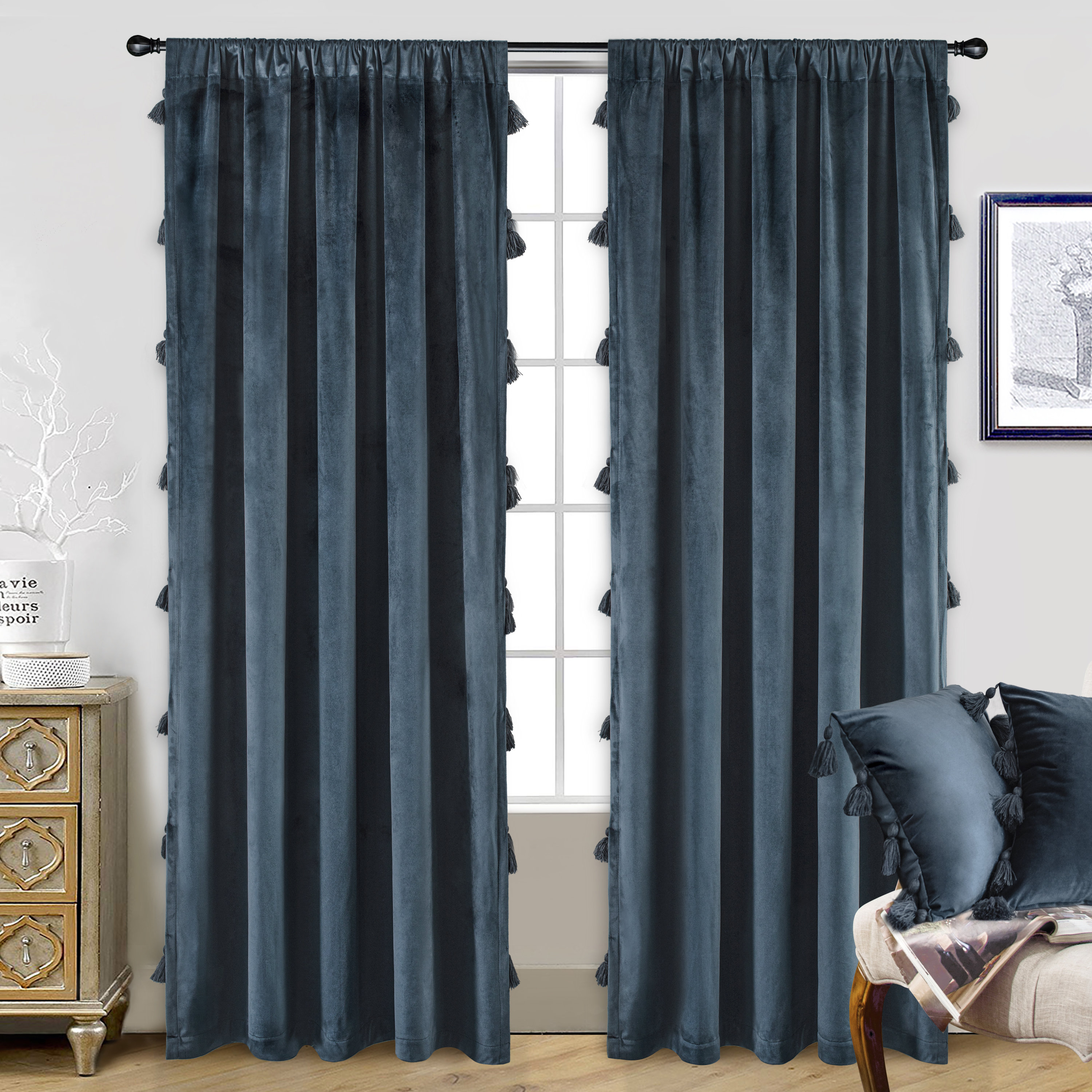 Everly Quinn Boho Velvet Handmade Tassel Curtain Room Darkening Thermal ...