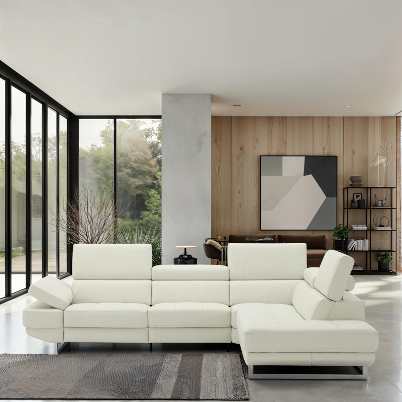 Cartagena Faux Leather L-Shaped Sectional, Snow White Genuine Leather, Right Hand Facing