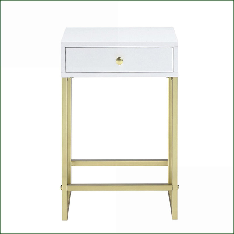 Table basse blanche et laiton à 1 tiroir pour le salon, peu encombrante avec tiroir coulissant