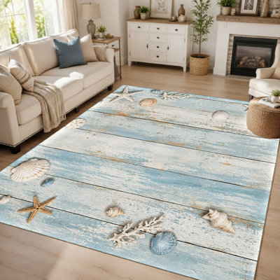 1 tapis de grain de bois à thème de plage avec imprimé de coquillages et d'étoiles de mer, lavable et facile à nettoyer, grand tapis de sol mince avec envers antidérapant, convient au salon, à la chambre à coucher, à la cuisine et à l'entrée po