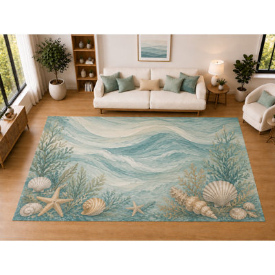 "Ultra Light Weight" Large 6'7" x 9'10" Coastal Aqua Waves, Living Room, Bedroom, Dining Room, Office, Family Room, Soft Low Pile Indoor Rug, Non-Slip Silicone Backing, Aqua