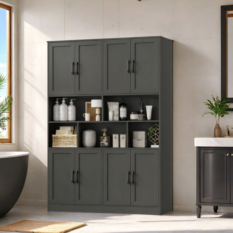 Armoire de rangement autoportante pour salle de bain de 70,9 po de hauteur avec étagères ouvertes et tablettes réglables Aeddon