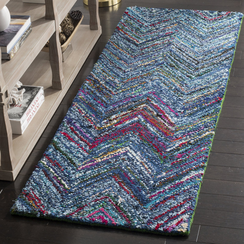 Tapis bleu / multicolore en coton touffeté à la main Anaheim, Tapis de couloir 2 pi 3 po x 9 pi