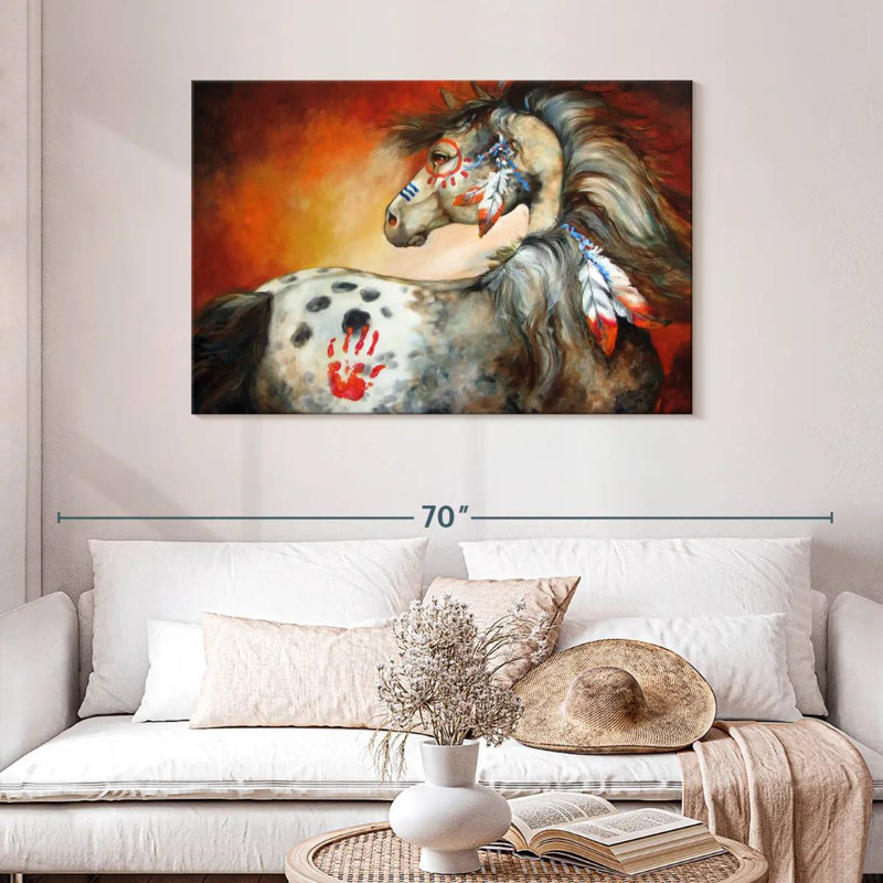 Poney de guerre indien 4 plumes, H 30 po x l 45 po