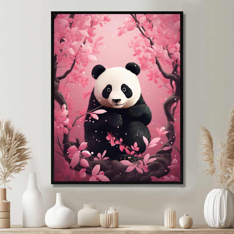Panda dans un arbre en fleurs roses - Art mural animal panda, H 20 po x l 12 po x P 1 po, Toile avec cadre flottant noir