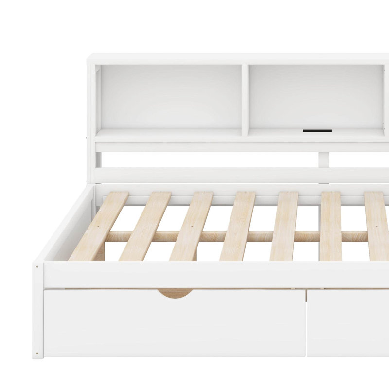 Daybed Frame With 2 Drawers And Storage Shelves, Wooden Corner Bed Sofa Bed With USB Ports And LED, White