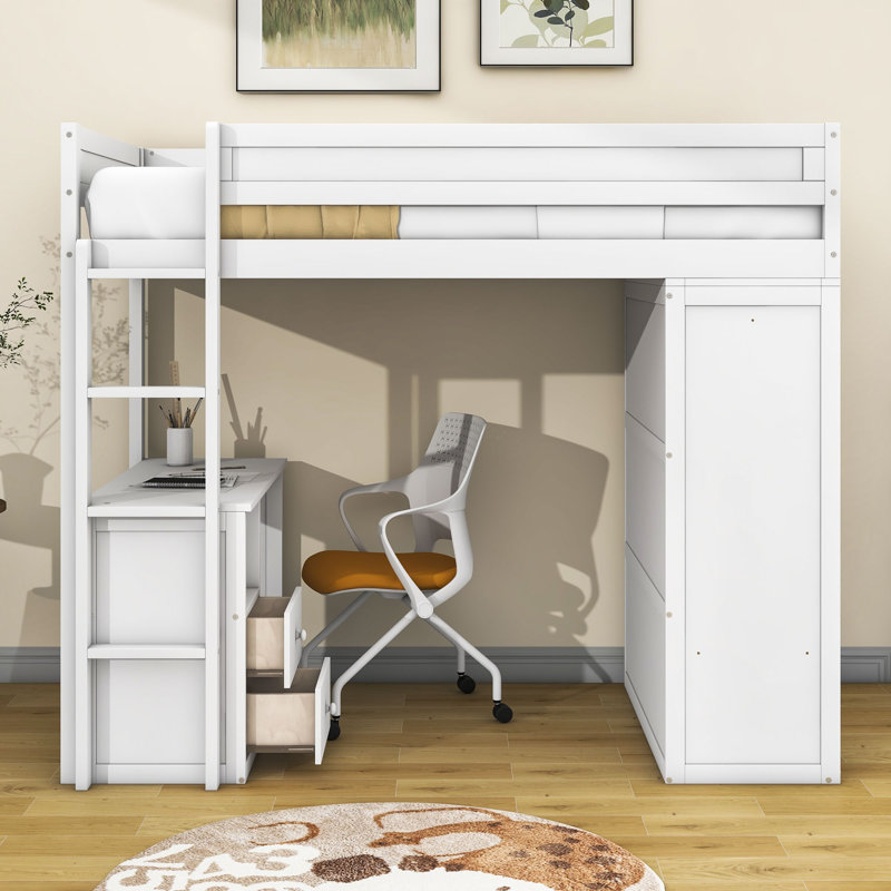 Helfrid 2 Drawer Loft Bed with Built-in-Desk, White, Twin