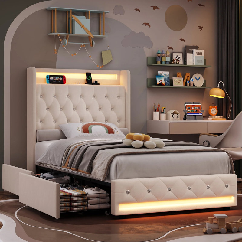 Glastonbury Upholstered Wingback Bed, 4 Drawers Storage Bed with LED Light