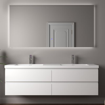 Ensemble de meuble-lavabo mural double 72 po avec comptoir en pierre blanc brillant brillant et 72 tiroirs