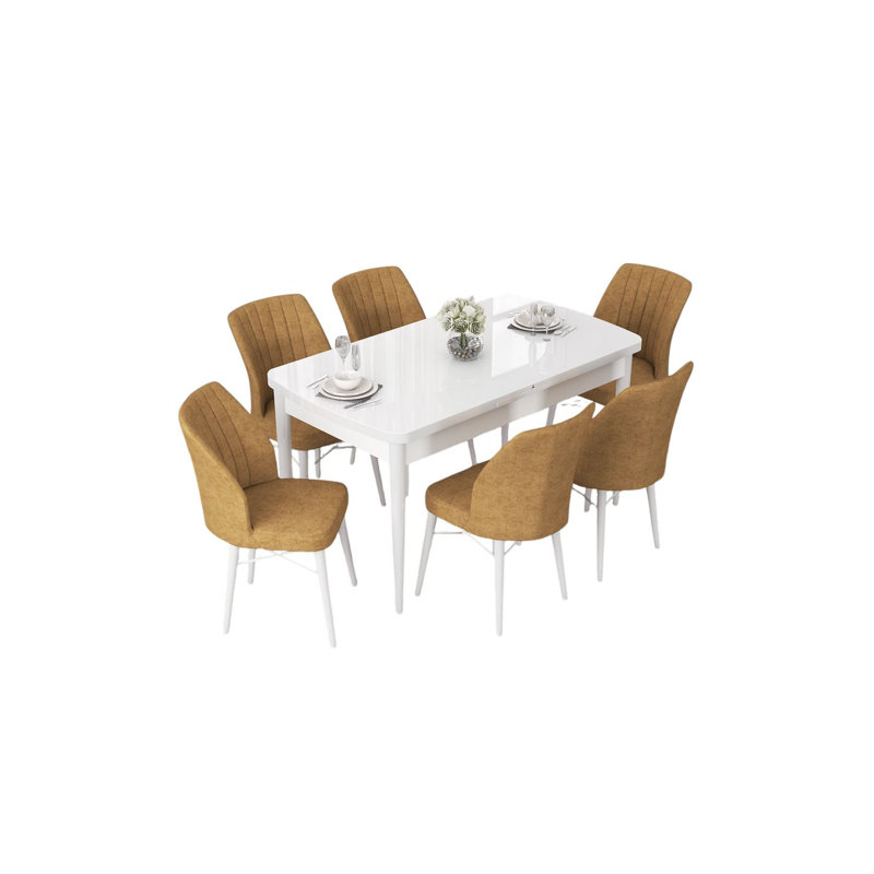 Ensemble de table et chaises de salle à manger extensible Modern (7 pièces), blanc et cappuccino | Dimensions: table 45,0 po x 30,7 po x 28,7 po, chaises 17,7 po x 35,4 po x 16,5 po | 100% panneau de fibres à densité moyenne avec pieds en bois et structure en métal, assise en mousse confortable