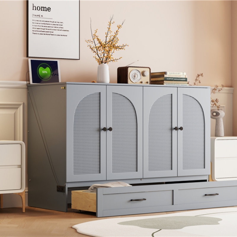  Grand lit escamotable avec grands tiroirs, Gris, Lit double
