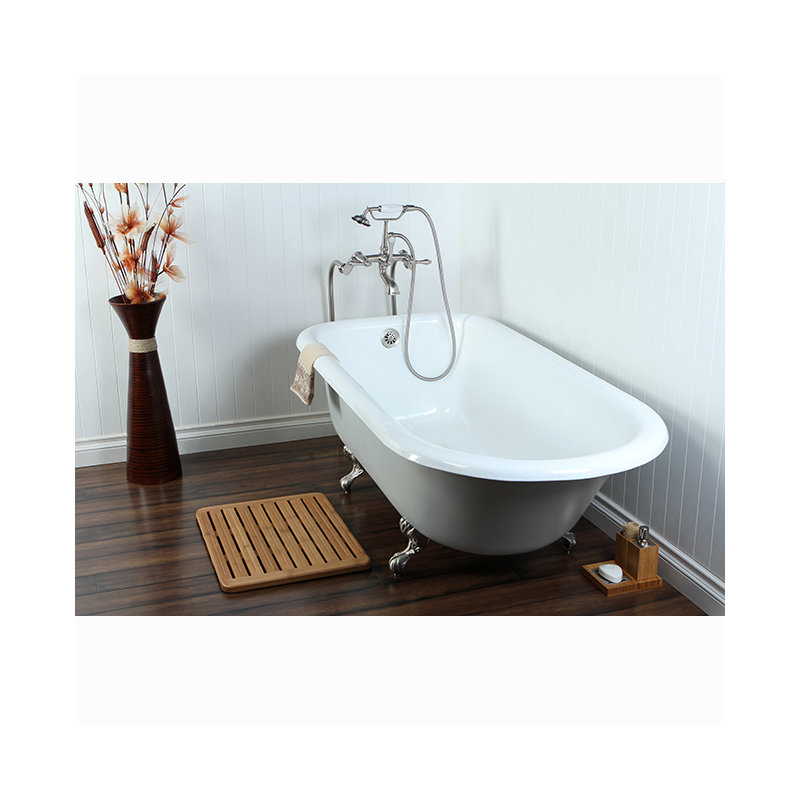 Kingston Brass Aqua Eden 67-Inch Cast Iron Oval Rectangular Roll Top Clawfoot Tub (No Faucet Drillings), White/Brushed Nickel