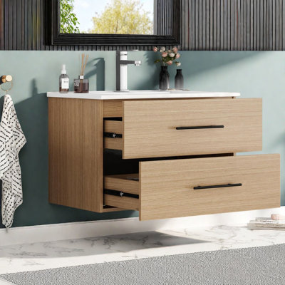 Meuble-lavabo mural moderne en bois aggloméré naturel 30 pouces