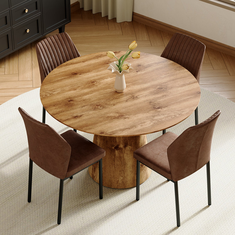 45'' Round Dining Table Set with 4 Upholstered Chairs, Modern Kitchen & Dining Room Set, 5 Pieces: Table, 4 Chairs, Wood