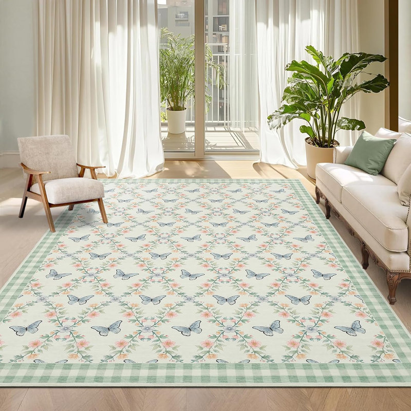 Washable Modern Pattern Rug, Non-Slip, Low Pile, Soft Carpet for Living Room, Bedroom, Indoor Use, Green., Rectangle 9' x 12'