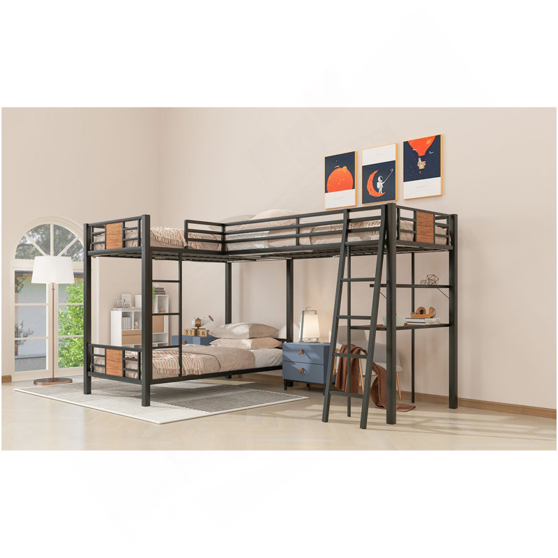 Lit superposé simple en L avec lit mezzanine simple avec bureau et tablette en L, brun