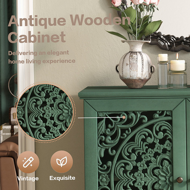 Accent Cabinet, 2-Door Display Storage Cabinet, Sideboard With Adjustable Shelf And Solid Wood Legs, Antique Green