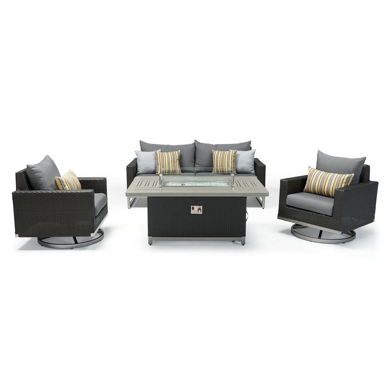Milo Motion 4 Piece Rattan Sunbrella Sofa Set with Cushions, Charcoal Grey Sunbrella®, Brown