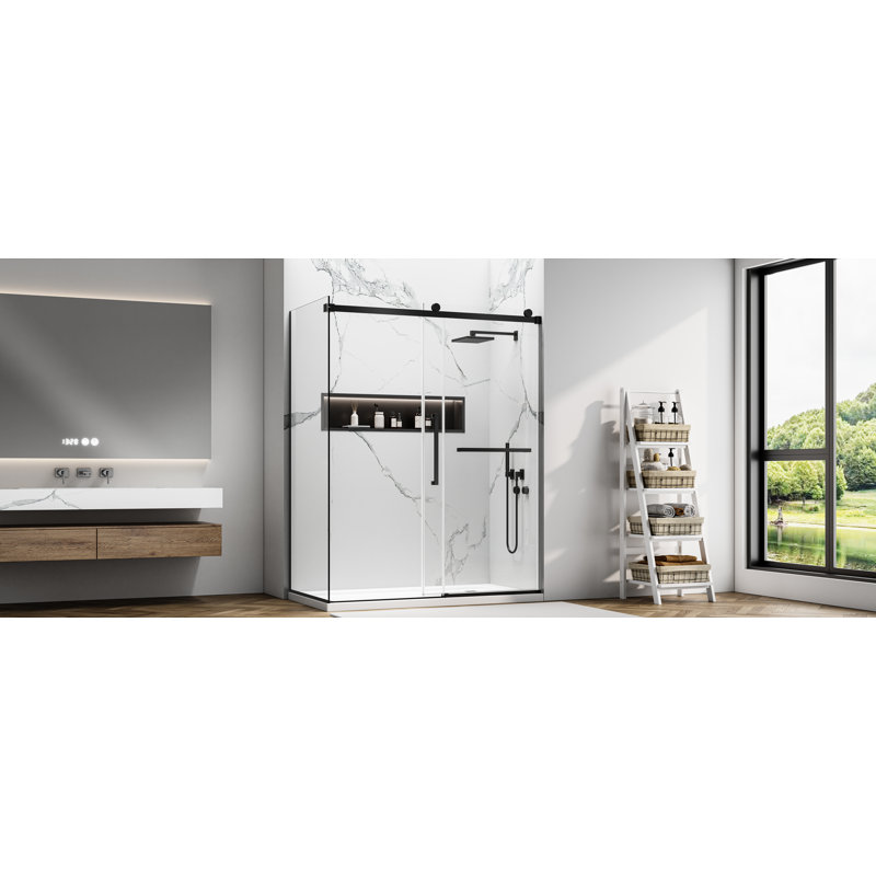 56-60" W X 32" D X 76" H Sliding Frameless Shower Enclosure With Clear Sgcc Tempered Glass, L-shaped Shower Glass Doors, Rectangle Corner Shower Door,304 Stainless Steel Hardware Matte Black