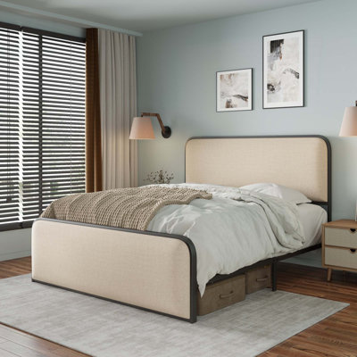 Structure de lit moderne en métal avec tête de lit et pied de lit rembourrés courbés avec rangement sous le lit, lattes en métal robustes