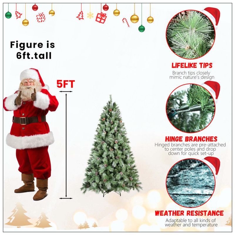 Arbre de Noël avec 66 pommes de pin - 988 pointes, branches mixtes en PVC et en aiguilles dures, structure à charnières pour une installation facile, support en métal robuste - arbre de Noël complet réaliste