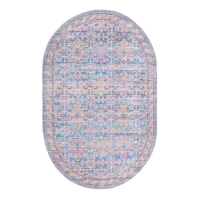 Tapis bleu tissé à la machine Hadsell, Ovale 5 pi 3 po x 8 pi