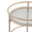 Chariot-bar rond avec tablettes en verre trempé et accents dorés, finition blanc vieilli
