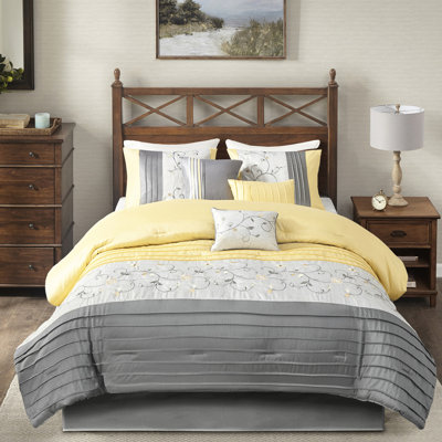 Édredon jaune très grand 7 pièces - Serene, brodé, édredon, taies décoratives, coussins décoratifs, jupe de lit, lavable à la machine et superbe pièce sereine, style facile à laver
