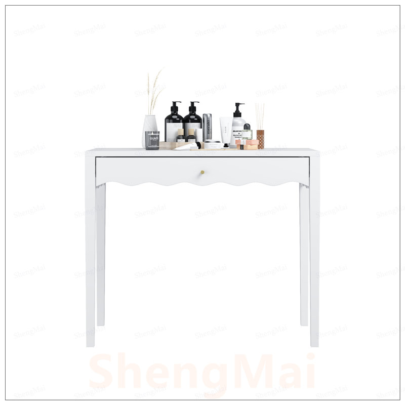 Meuble-lavabo compact avec tiroir - table de maquillage moderne, façade festonnée, poignée dorée, idéale pour les petits espaces et les bureaux à domicile