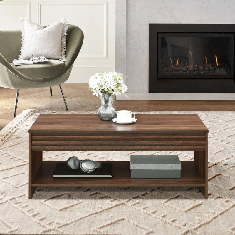 Abba 39.4" W Mid Century Modern Rectangular Coffee Table with Slatted Detailing, Walnut
