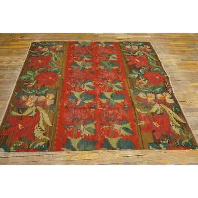 Tapis rouge en laine tissé à plat européen des années 1900 kilim 6 pi 7 po x 7 pi Besserabian