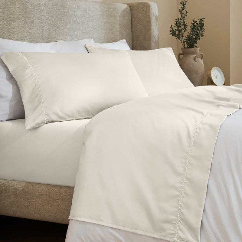Ensemble de draps en coton mélangé à ourlet brodé 600 fils imperia, Ensemble de draps pour grand lit avec 2 taies d'or, Sable