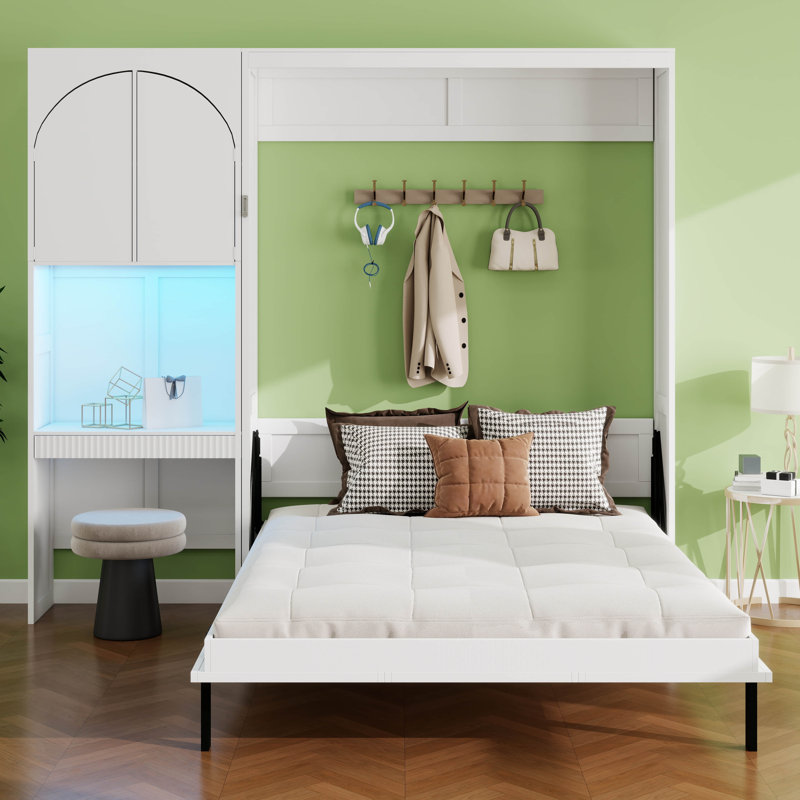 Lit escamotable avec bureau, armoire de rangement, lumière DEL, cadre de lit mural pliable Farmhouse, tablettes de rangement multiples
