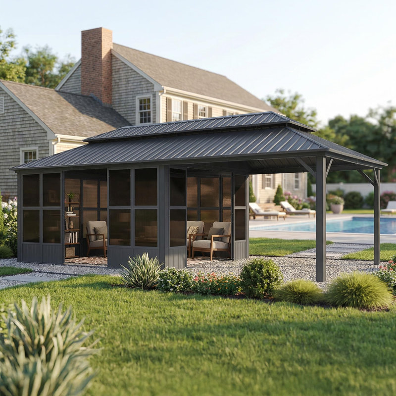 PURPLE LEAF 12'W x 24'D Double Roof Sunroom All-Weather Aluminum Hardtop Gazebo with Screen Enclosure for Backyard