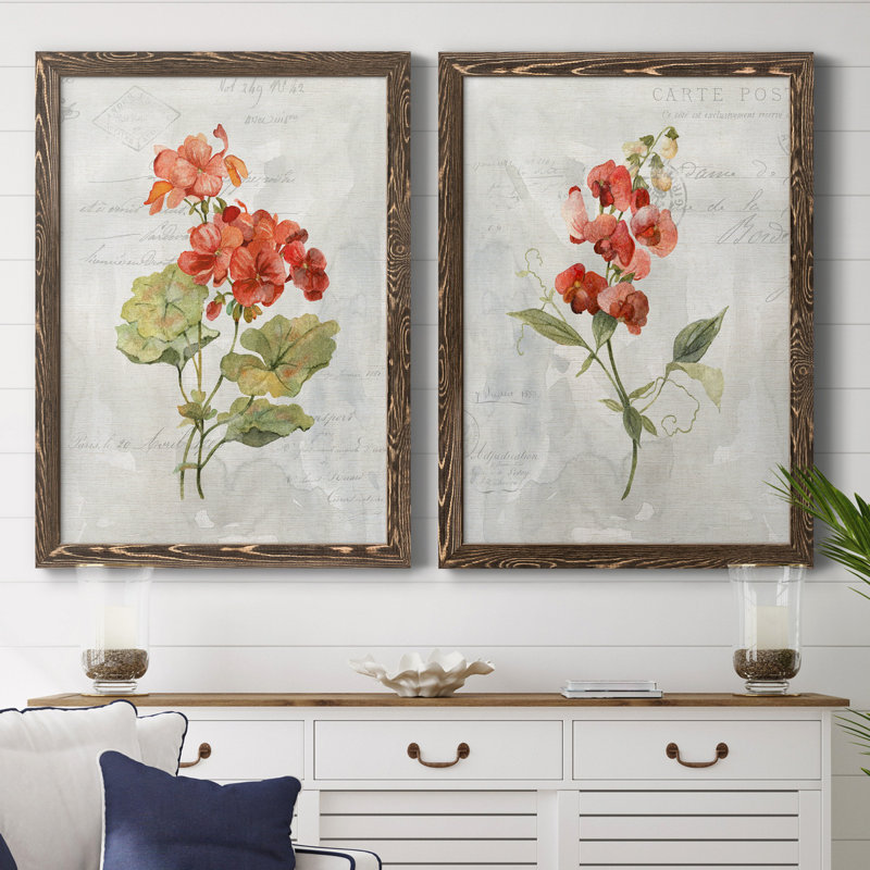 Lin géranium - ensemble de 2 reproductions d'art, Toile avec cadre en noyer, Pas de tapis, H 31,5 po x l 47 po x P 1,5 po