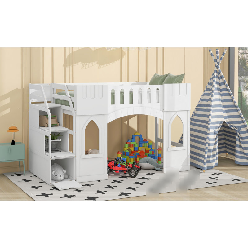 Twin Size Loft Bed In White With Features - Includes Storage Staircase For Peace Of Mind Materials And Storage, Comes Guardrails