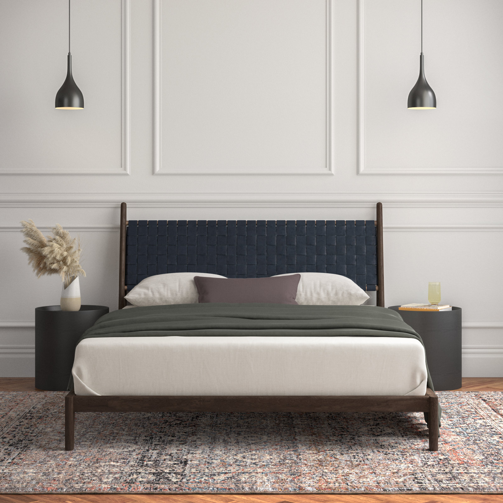 Kacy Genuine Leather Teak Bed, Black