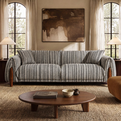 93" Mid Century Modern Sofa, Striped Chenille Couch with 2 Pillows and Wood Legs