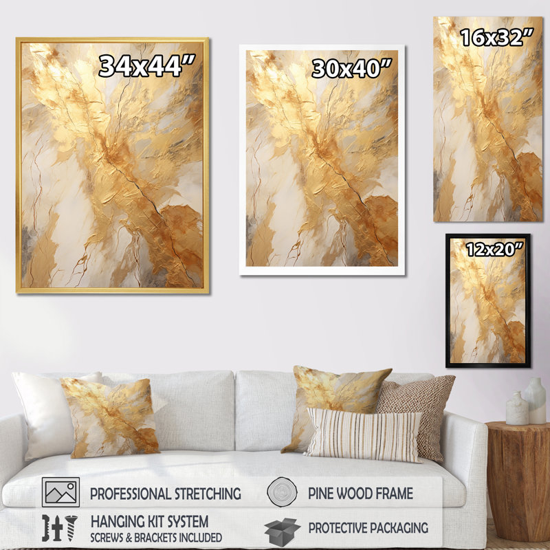Éclairage marbré beige et doré - reproductions d'art murales abstraites, Cadre flottant noir, H 20 po x l 12 po